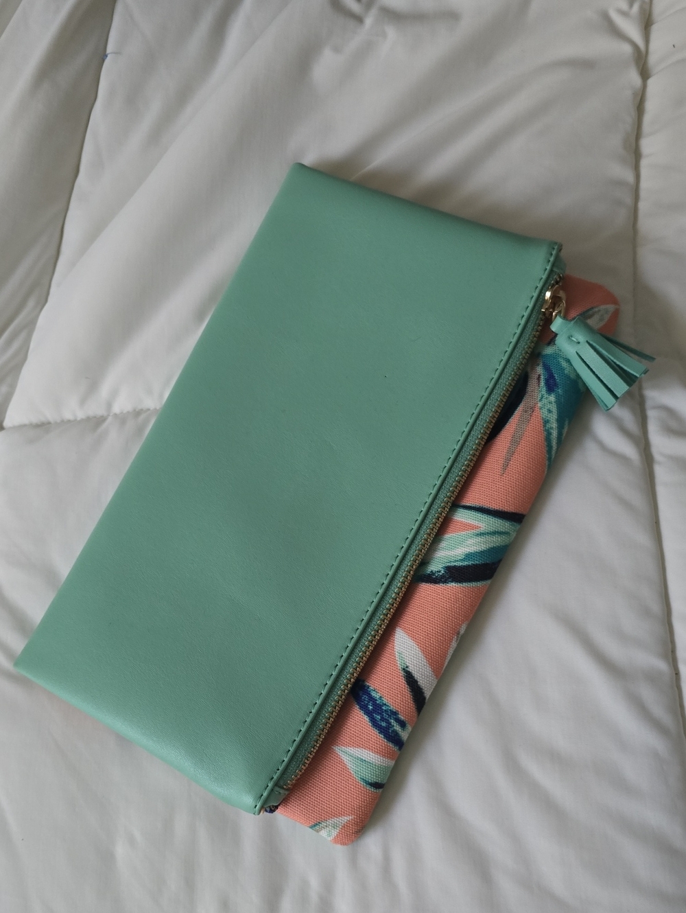Mint Green Fold-Over Clutch with Coral Floral Accent